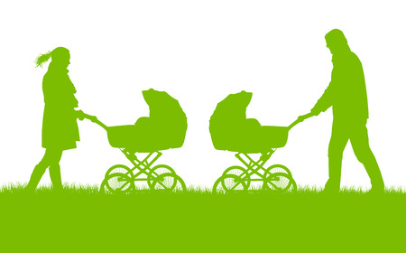 Mother with baby pram outdoor vector ecology background conceptのイラスト素材
