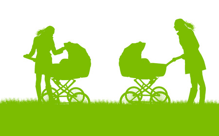 Mother with baby pram outdoor vector ecology background conceptのイラスト素材
