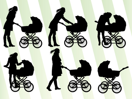 Mother with baby pram vector background set for posterのイラスト素材
