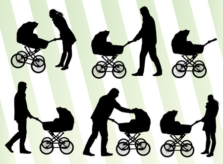 Mother with baby pram vector background set for posterのイラスト素材