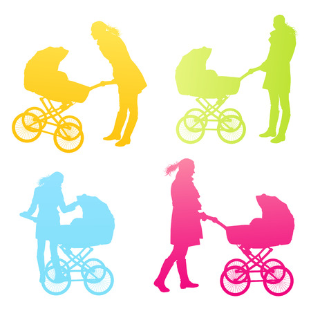 Mother with baby pram vector background set for posterのイラスト素材
