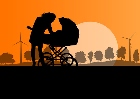 Mother with baby pram outdoor vector ecology background conceptのイラスト素材