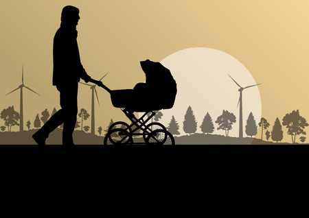 Dad with baby pram outdoor vector ecology background concept for posterのイラスト素材