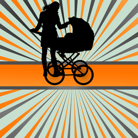 Mother with baby carriage vector background concept for posterのイラスト素材
