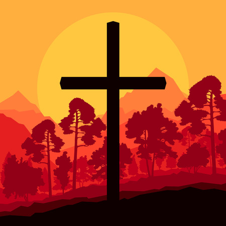 Cross and nature landscape vector concept background for posterのイラスト素材