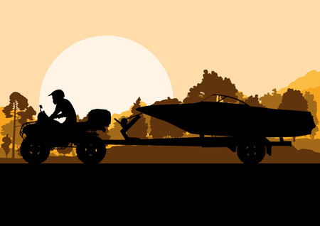 Yacht boat trailer vector background landscape with all terrain vehicle for posterのイラスト素材
