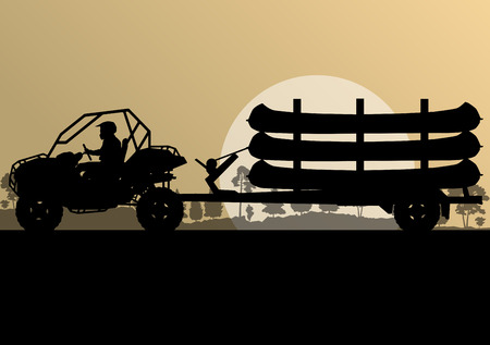 Yacht boat trailer vector background landscape with all terrain vehicle for posterのイラスト素材