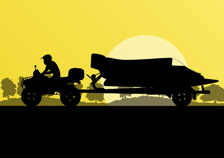 Yacht boat trailer vector background landscape with all terrain vehicle for posterのイラスト素材