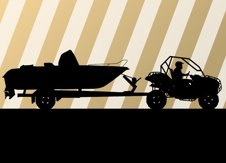 Yacht boat trailer vector background landscape with all terrain vehicle for posterのイラスト素材