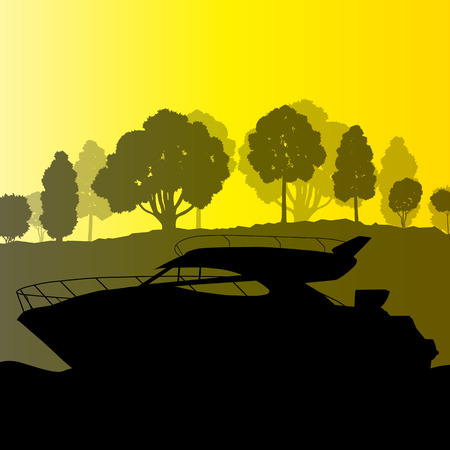 Yacht boat vector background landscape vector with sea coast and trees for posterのイラスト素材