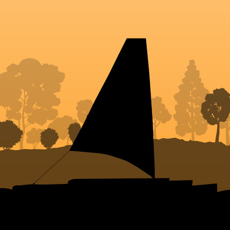 Yacht boat vector background landscape vector with sea coast and trees for posterのイラスト素材