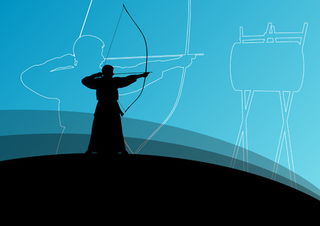 Active japanese kendo sport kyudo archer martial arts fighter bow silhouette abstract illustration background vectorのイラスト素材