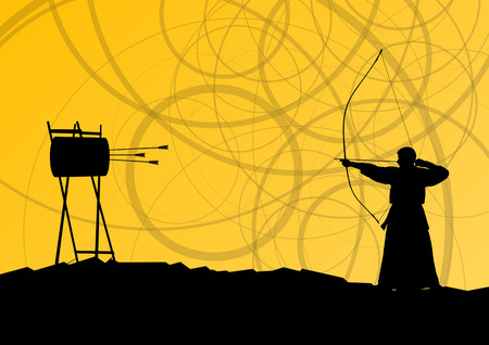 Active japanese kendo sport kyudo archer martial arts fighter bow silhouette abstract illustration background vectorのイラスト素材