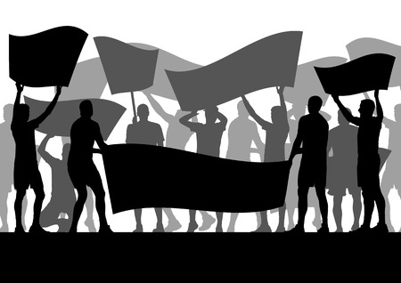 Protesters angry people crowd with posters and flags in abstract riot landscape background illustrationのイラスト素材