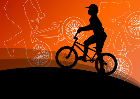 Extreme cyclists bicycle riders active children sport silhouettes vector background illustrationのイラスト素材