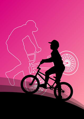 Extreme cyclists bicycle riders active children sport silhouettes vector background illustrationのイラスト素材