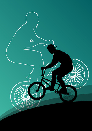 Extreme cyclists bicycle riders active children sport silhouettes vector background illustrationのイラスト素材