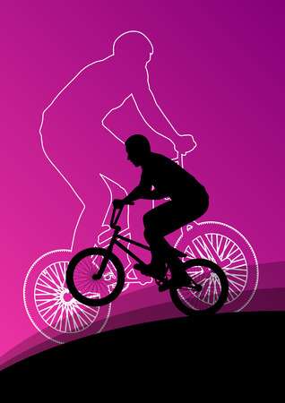 Extreme cyclists bicycle riders active children sport silhouettes vector background illustrationのイラスト素材