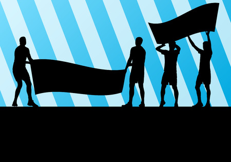 Protesters angry people crowd with posters and flags in abstract riot landscape background illustrationのイラスト素材