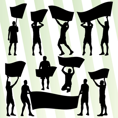 Protesters angry people crowd with posters and flags in abstract riot landscape background illustrationのイラスト素材