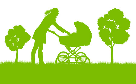 Mother with baby pram outdoor vector ecology background conceptのイラスト素材