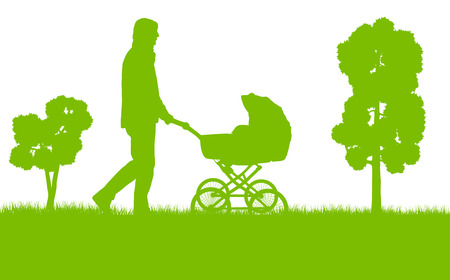 Dad with baby pram outdoor vector ecology background conceptのイラスト素材
