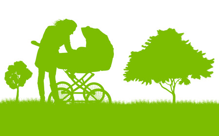 Mother with baby pram outdoor vector ecology background conceptのイラスト素材