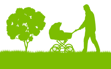 Dad with baby pram outdoor vector ecology background conceptのイラスト素材