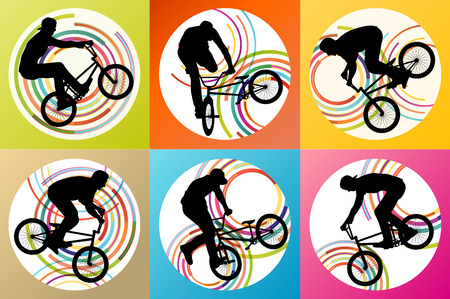 Extreme cyclists bicycle riders active children sport silhouettes vector background illustration conceptのイラスト素材