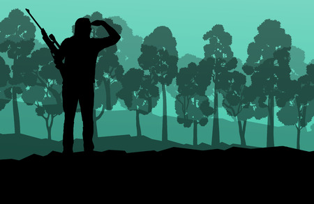 Hunter silhouette background landscape vector concept with forest for posterのイラスト素材
