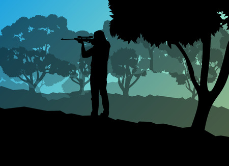 Hunter silhouette background landscape vector concept with forest for posterのイラスト素材