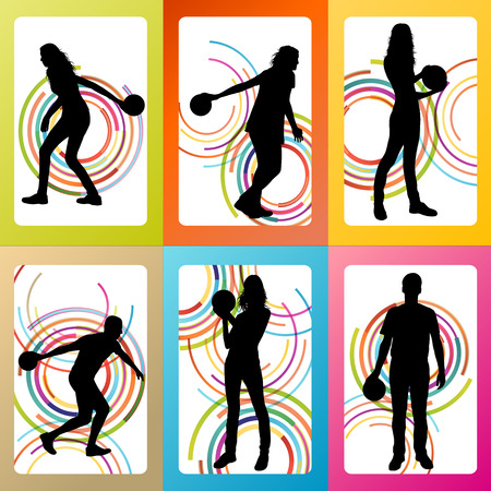 Bowling player silhouettes vector set background conceptのイラスト素材