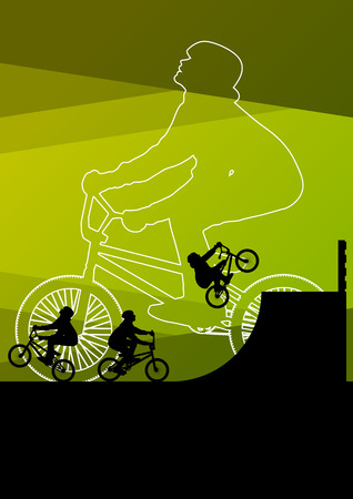 Extreme cyclists bicycle riders active children sport silhouettes vector background illustrationのイラスト素材