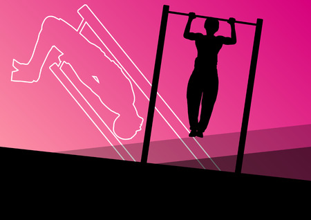 Active and strong fitness men doing push ups muscles training in sport silhouettes gym background illustration vectorのイラスト素材