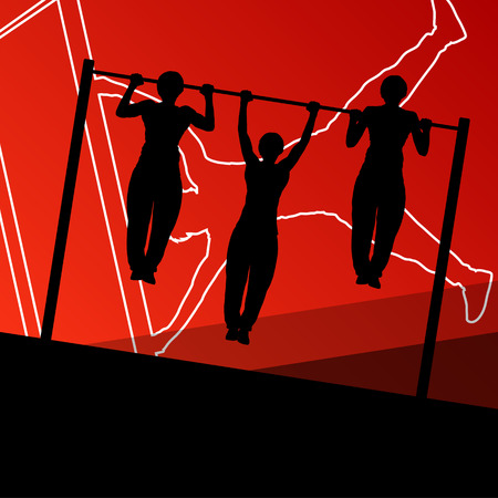 Active and strong fitness men doing push ups muscles training in sport silhouettes gym background illustration vectorのイラスト素材
