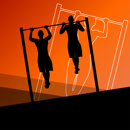 Active and strong fitness men doing push ups muscles training in sport silhouettes gym background illustration vectorのイラスト素材