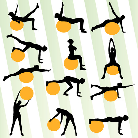 Woman on fitness ball exercises set vector background for posterのイラスト素材