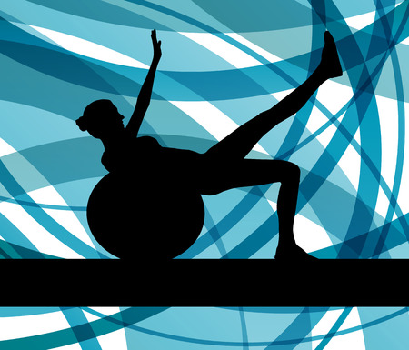 Woman on fitness ball exercises vector background for posterのイラスト素材