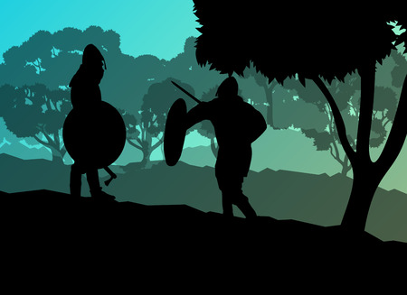 Medieval warrior, crusader vector background landscape concept with trees and forestのイラスト素材