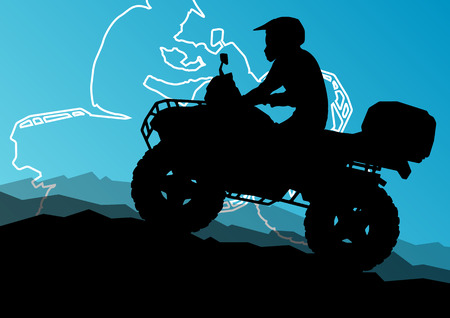 All terrain vehicle quad motorbike riders in wild nature abstract mountain landscape background illustration vectorのイラスト素材