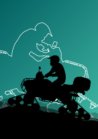 Snowmobile all terrain quad motorbike vehicle rider in wild nature snow and ice abstract landscape background illustrationのイラスト素材
