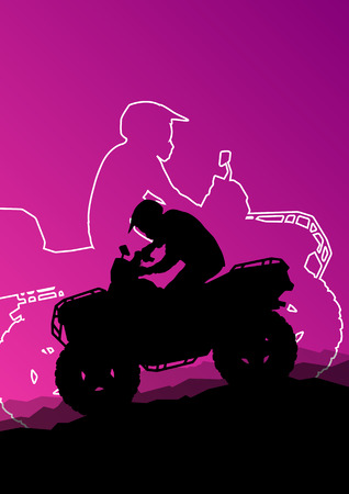 All terrain vehicle quad motorbike riders in wild nature abstract mountain landscape background illustration vectorのイラスト素材