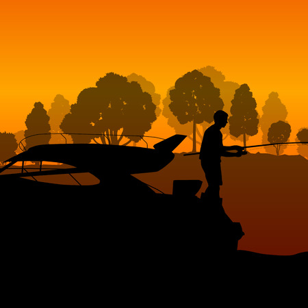 Man fishing on lake from boat vector background landscape for posterのイラスト素材