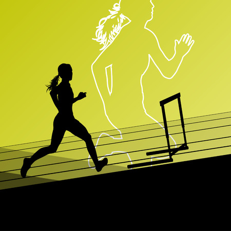Active women girl sport athletics hurdles barrier running silhouettes illustrationのイラスト素材