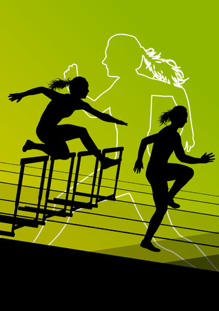 Active women girl sport athletics hurdles barrier running silhouettes illustrationのイラスト素材