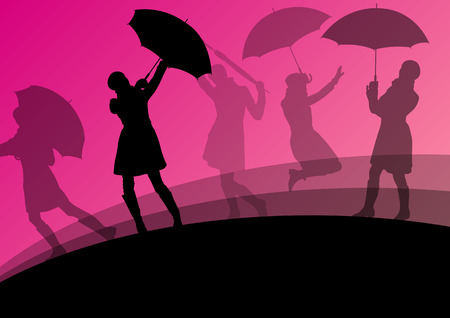 Women umbrella and raincoat silhouettes abstract seasonal outdoor weather background vector illustrationのイラスト素材