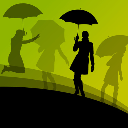 Women umbrella and raincoat silhouettes abstract seasonal outdoor weather background vector illustrationのイラスト素材