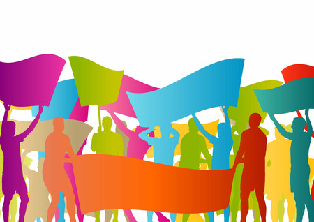 Protesters angry people crowd with posters and flags in abstract riot landscape background illustrationのイラスト素材
