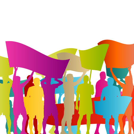 Protesters angry people crowd with posters and flags in abstract riot landscape background illustrationのイラスト素材
