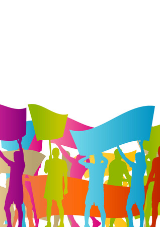 Protesters angry people crowd with posters and flags in abstract riot landscape background illustrationのイラスト素材